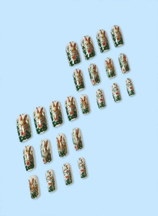 HJKDSFD Easter Cute Rabbit Press on Nails Square Short Fake Nails 3D Embossed False Nails with Flower Bunny Designs Reusable Full Cover Glue on Nail Easter Acrylic Nails Kit for Women Girls 24Pcs - Image 4